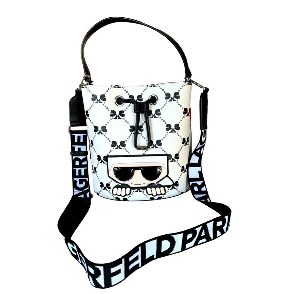 COPY - KARL LAGERFELD MAYBELLE LOGO STRAP CROSSBODY BUCKET BAG BLACK/ WHITE